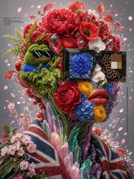 A surreal digital collage portrait composed of flowers, crystals, a mossy frog in sunglasses, a makeup palette, and a draped Union Jack garment against a starry backdrop.