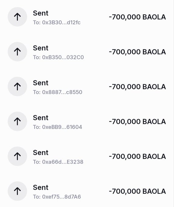 The image shows a wallet transaction history with six consecutive outgoing transfers of -700,000 BAOLA each to different addresses. This visually supports the post's claim of an airdrop giveaway of 700,000 BAOLA tokens, where the sender appears to be distributing the reward to multiple recipients as part of the promotional campaign.