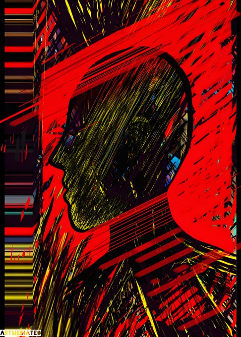A side-profile portrait of a face emerges through chaotic yellow scribble lines against a vivid red background with glitch-like black distortions. The piece, titled "LINES IN INTENSITY MOOD," is listed on @TransientLabs with a reserve price of 0.029 ETH, with "ATHSDRATE" visible in the bottom-left corner.