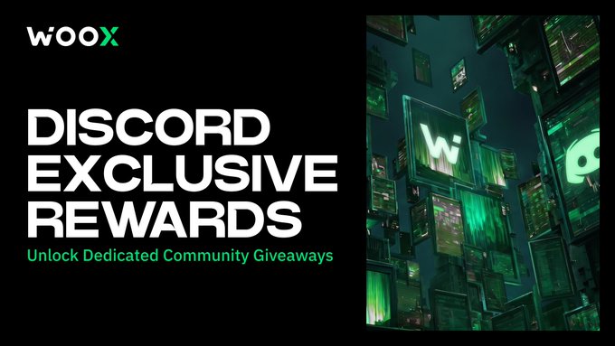 A promotional banner for WOO X featuring "DISCORD EXCLUSIVE REWARDS" text, with the tagline "Unlock Dedicated Community Giveaways," complemented by a striking visual of glowing green digital screens displaying the WOO X logo, encouraging viewers to join their Discord community for exclusive prizes and trading lotteries.