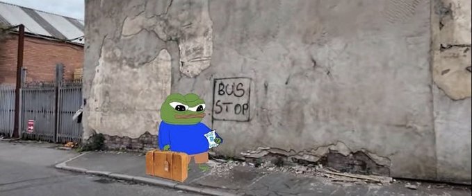 A digitally edited image of Pepe the Frog standing next to a 'BUS STOP' sign painted on a crumbling wall, holding a brown suitcase and a wad of cash.