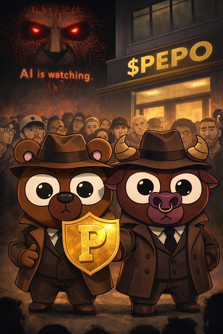 The image features two cartoon bears dressed up as police officers, standing next to each other with a shield and a gold coin between them. The background of the image shows a crowd of people watching the bears, and there are signs that say "AI is watching" and "PEPO". The overall theme of the image seems to be related to privacy concerns or surveillance in modern society.