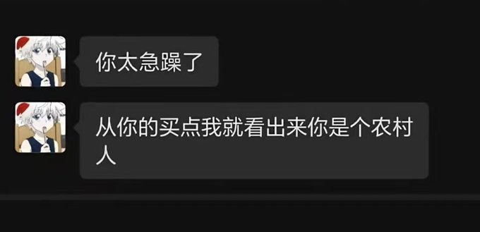 A chat screenshot showing two messages from a user with an anime-style profile picture of a silver-haired character wearing a red hat. The messages in Chinese read: "你太急躁了" (You're too impatient) and "从你的买点我就看出来你是个农村人" (From your buying point, I can tell you're a rural person).