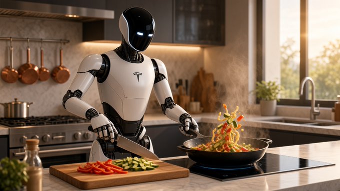 A sleek Tesla robot chef in a modern kitchen stir-fries vegetables in a steaming wok, symbolizing the "slow cooking" of an undervalued Solana memecoin. The Tesla logo visible on its chest nods to the post's playful crypto theme, blending futuristic automation with the patient, hands-on process of developing a promising token.