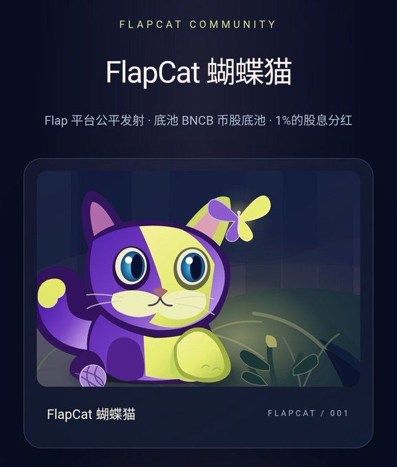 The image showcases the FlapCat (蝴蝶猫) NFT from the FlapCat Community, featuring a purple and yellow cartoon cat with a butterfly, labeled as "FLAPCAT / 001" with details noting it was fair-launched on the Flap platform with a BNCB pool and 1% dividends. It visually represents the complete, multi-faceted nature of the project mentioned in the caption, combining meme appeal with solid tokenomics.