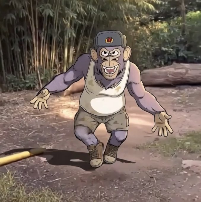 An animated illustration of a purple gorilla wearing a tank top, cargo shorts, and a ushanka hat with a red star, posed on a dirt path in a bamboo forest.