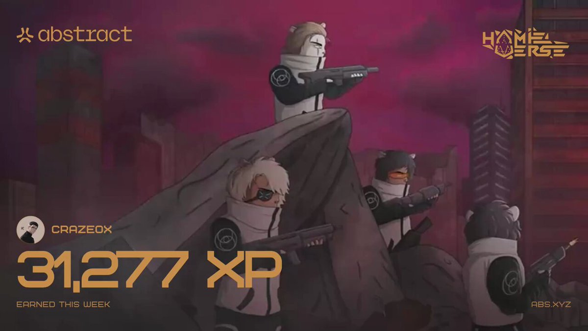 The image features a poster for a video game called "Home Invasion". The poster includes a cartoon depiction of four people dressed in white suits, each holding a gun and standing atop a rock formation. The poster also contains text that reads "32,277 XP" and "Week 69 Happy XP Day & don't forget to show off your cards fam!".