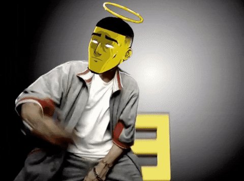 The image features a man wearing a yellow mask that has a halo effect around his head. He appears to be dancing or posing for a photo, with his arms outstretched as if he's about to perform a dance move. The background is black, which contrasts with the bright yellow of the mask and makes it stand out even more. The caption at the bottom of the image reads "First win of the month! Thank you so much @InjectiveLounge Keep grinding guys, more chances incoming with Injective!".