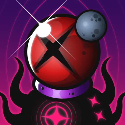 A similar dark character, but red with black X-shaped markings on its face, a purple collar, and a grey sphere attached to its head.