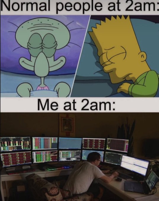 A meme contrasting sleeping cartoon characters labeled 'Normal people at 2am:' with a man working at a multi-monitor trading setup labeled 'Me at 2am:'.