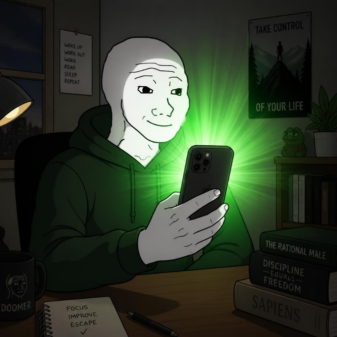 An illustrated 'doomer' character in a green hoodie stares at his glowing phone in a dim room, surrounded by motivational posters ('TAKE CONTROL OF YOUR LIFE'), books ('THE RATIONAL MALE', 'DISCIPLINE EQUALS FREEDOM', 'SAPIENS'), and a 'DOOMER' mug.