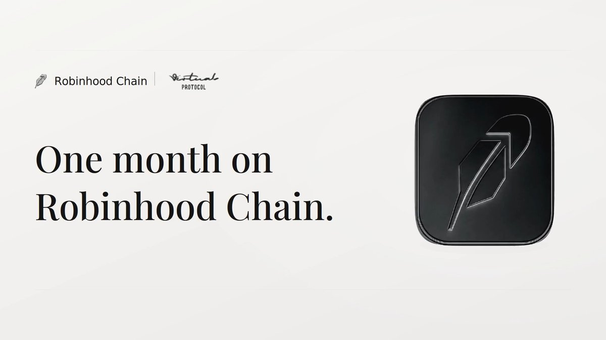 Promotional graphic reading 'One month on Robinhood Chain' with the Robinhood Chain and Ritual Protocol logos, alongside a black app icon featuring an engraved feather design.