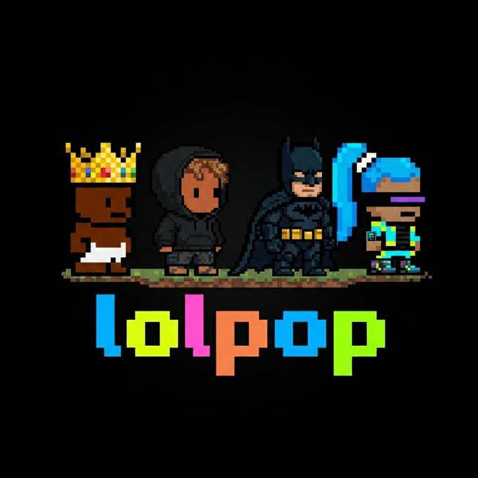 A pixel art image featuring four characters—including a crown-wearing figure, a hooded figure, Batman with a blue lightsaber, and a character with blue hair—standing on a grass platform above the colorful "lolpop" logo, promoting the LOLPOP 53 POP NFT collection available on OpenSea.