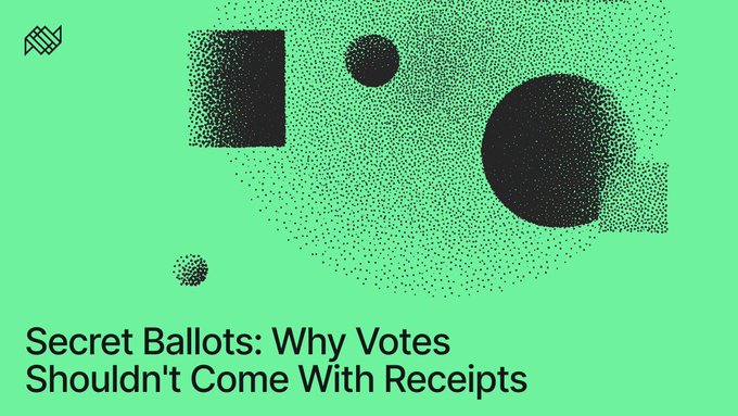 An article header with a bright green background, abstract black shapes, and the title 'Secret Ballots: Why Votes Shouldn't Come With Receipts'.