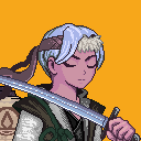 An animated illustration of a white-haired character holding a katana against an orange background.