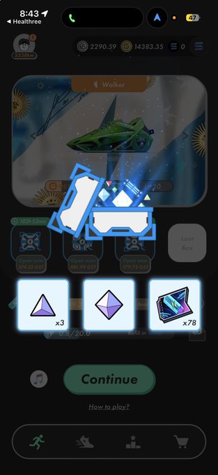 A mobile game screen titled 'Walker' displays a green shoe-like item, with in-game currency of 2290.59 and 14383.35 at the top, and three reward boxes at the bottom (x3, x1, x78) above a 'Continue' button.