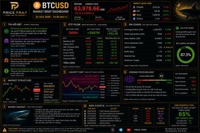 A 'Price Trap' market brief dashboard for BTCUSD showing the current price at $63,978.66 with a -25.12% change, dated 25 July 2026, featuring sections for market headlines, ETF flow, on-chain data, liquidity map, and crowd psychology indicators.