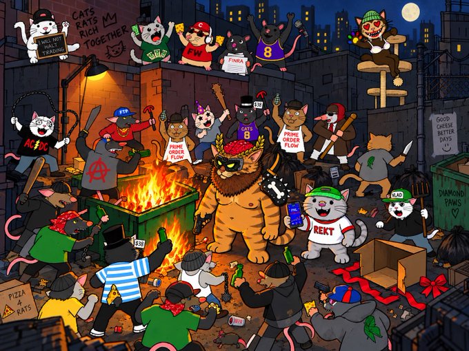 A colorful cartoon illustration depicting an alley scene filled with anthropomorphic cats in various scenarios referencing crypto and meme culture, including signs reading 'CATS RATS RICH M TOGETHER', 'GOOD CHEESE BETTER DAYS', 'DIAMOND PAWS', and 'PIZZA + RATS'.