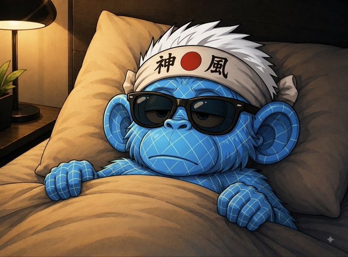A blue patterned cartoon monkey wearing black sunglasses and a white headband with red and black kanji markings rests under blankets in bed next to a lamp, fitting the "good night friends" message.
