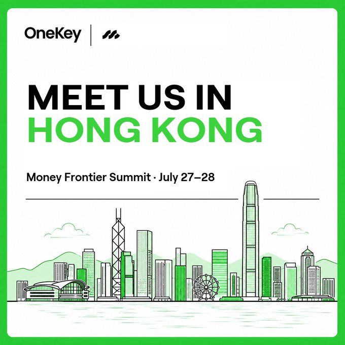 A OneKey advertisement for the 'Money Frontier Summit' on July 27-28 in Hong Kong, featuring a green and white line illustration of the Hong Kong skyline including the Ferris wheel and skyline landmarks.