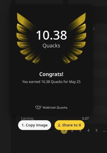 The image shows a screenshot of a social media app that displays an award for Quacks. The app has a gold background with a large, eye-catching logo featuring a bird's wing design. The text "Good afternoon quack fams Just earned 10.38 Quacks on @wallchain in one day Turn insights into rewards and climb the leaderboard Here again I reduced from what I got yesterday, sad Use my referral link - quacks." is displayed below the award. This post seems to be about sharing experiences or achievements related to Quacks, possibly a social media post or a review of an app that awards Quacks for their accomplishments in one day.