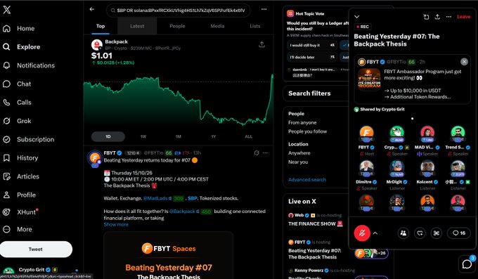 Screenshot of the X (Twitter) social media platform displaying the $S&P cryptocurrency token trending with price ($1.01) and related posts including '#Beating Yesterday #07: The Backpack Thesis' and an FBYT Spaces event.