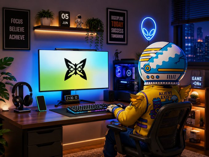 The image features a person wearing a yellow helmet, sitting at a desk with a computer monitor, keyboard, and mouse. They are dressed as an alien character from a video game, adding a fun and quirky element to their workspace. The room has a few potted plants placed around the space, creating a more relaxed atmosphere. There is also a clock on the wall above the person's head, helping them keep track of time while they work or play games.