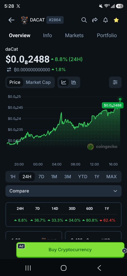 A CoinGecko mobile screenshot showing the daCat (DACAT) cryptocurrency, token #2864, priced at $0.0₆2488 with an 8.8% 24H gain.
