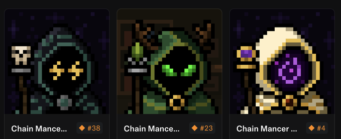 Three pixel-art hooded character portraits labeled "Chain Mancer..." are displayed with rarity indicators #38, #23, and #4, visually supporting the question about whether legendary Mancers are worth it and if rarity matters.