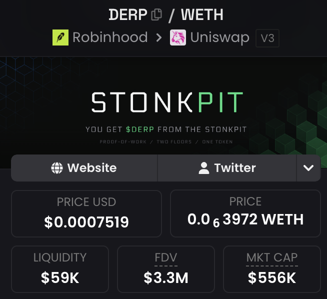 The image shows the StonkPit interface for the $DERP/WETH token pair on Robinhood, displayed via Uniswap V3, priced at $0.0007519 USD with $59K liquidity, $3.3M FDV, and a $556K market cap. This visual supports the post's pitch by showcasing the Robinhood ecosystem token that positions itself as a verifiable randomness solution via NFT-based mining rigs.