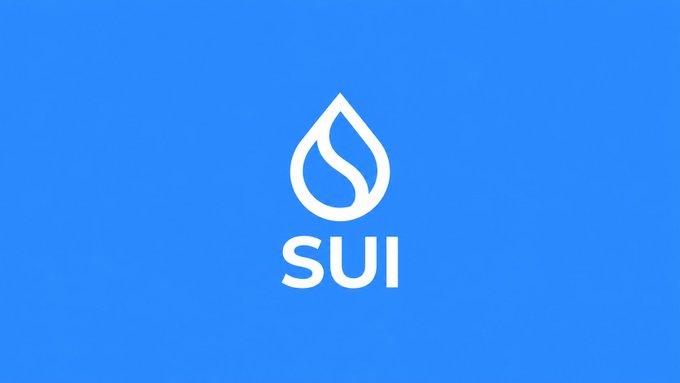 Blue background with the white Sui (SUI) blockchain logo.