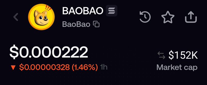 The image shows a cryptocurrency listing for the token "BAOBAO" (BaoBao) trading at $0.000022 with a market cap of $152K, down 1.46% in the past hour. This relates to the post as it displays the Baobao token that the user received as an airdrop from the @TheFreehoff team and is distributing $150 worth of to community members.
