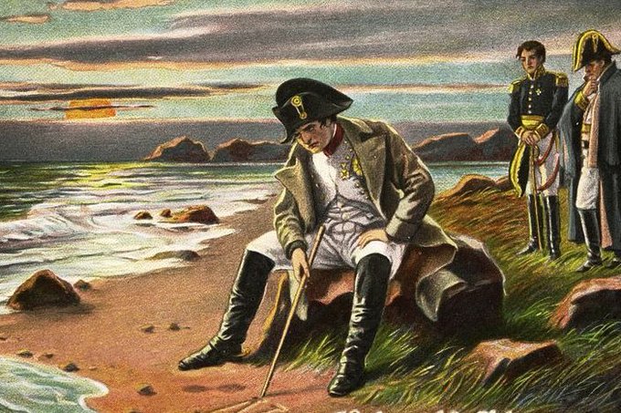 A historical illustration depicts a man in a bicorne hat and boots sitting dejectedly on a rock by the sea, while two other men in military uniforms stand behind him.