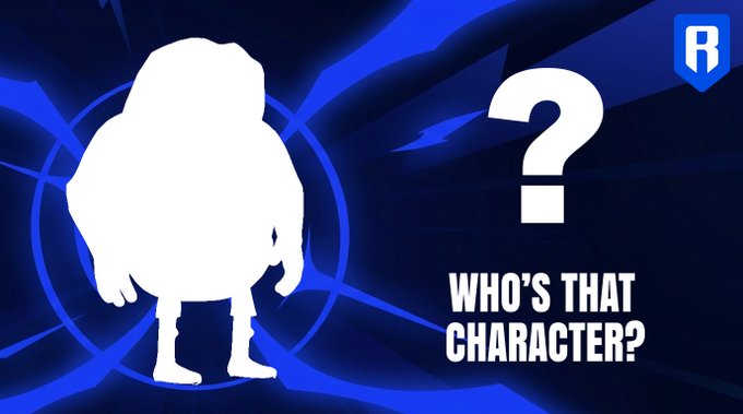 The image shows a white silhouette of a rotund character against a blue background with a large question mark and the text "WHO'S THAT CHARACTER?"—teasing fans to guess the mystery figure, likely from a popular video game franchise.