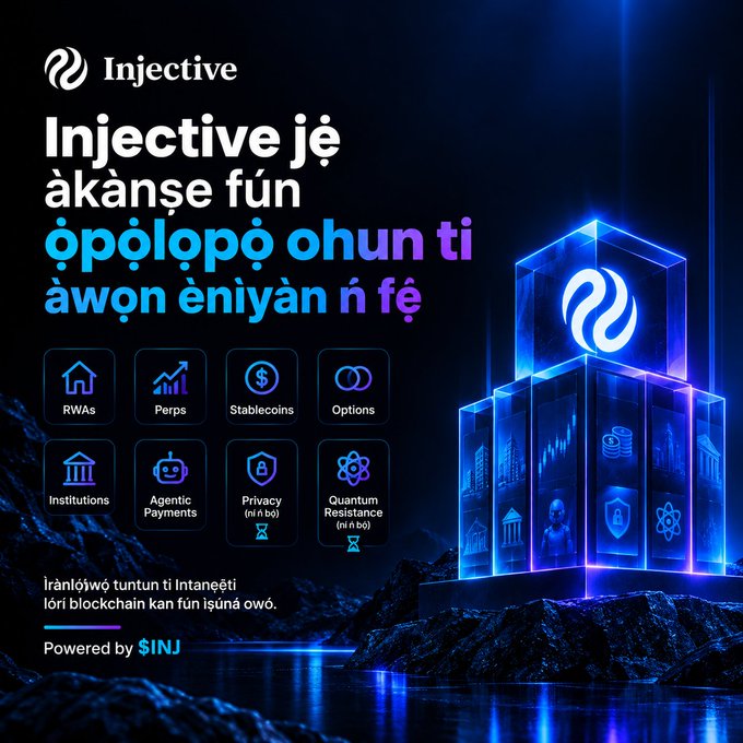 An advertisement for Injective cryptocurrency featuring Yoruba text 'Injective jẹ́ àkànṣe fún ọpọ̀lọpọ̀ ohun tí àwọn ènìyàn ń fẹ́' highlighting features like RWAs, Perps, Stablecoins, Options, Institutions, Agentic Payments, Privacy, and Quantum Resistance, with a futuristic 3D cube display.
