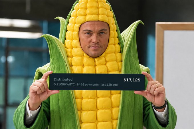 A man in a corn costume holds a sign reading 'Distributed 0.21086 WBTC · 9466 payments · last 12h ago' with '$17,125' displayed.