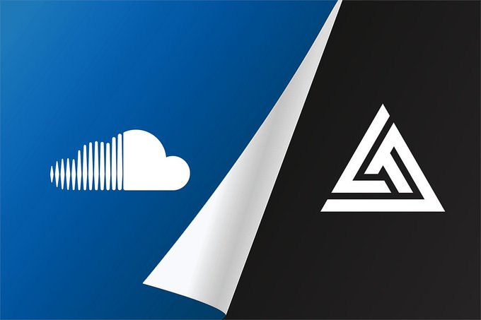 A split background graphic featuring the SoundCloud logo on a blue gradient on the left and a triangular geometric logo on a black background on the right, separated by a peeling paper effect.