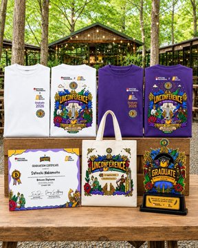 A graduation merchandise display features 'LINCOLN BENEDICT' branded items including t-shirts, a tote bag, and a certificate reading 'Sylvain Bishwoke', arranged on a wooden table outdoors.