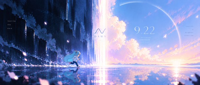 A split digital illustration showing a girl on the left in a blue cave scene labeled 'DAWN' and a bright sky with clouds labeled '9:22' on the right.