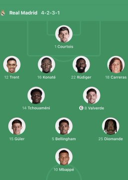 The image displays Real Madrid's starting lineup in a 4-2-3-1 formation, featuring Courtois in goal, defenders Trent, Konaté, Rüdiger, and Carreras, midfielders Tchouaméni and Valverde, attacking midfielders Güler, Bellingham, and Diomande, with Mbappé leading the attack. The graphic visually represents the team's selection for their match against Villarreal as referenced in the post.