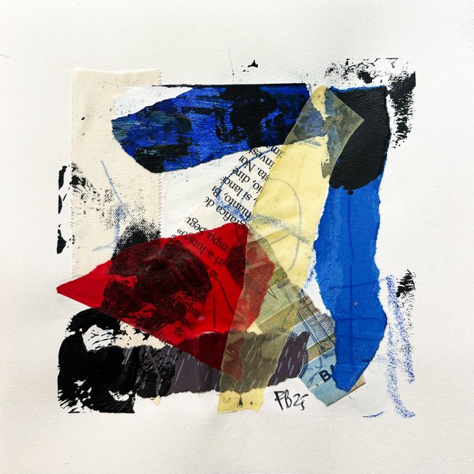 The image shows an art piece that combines elements from different books into a collage or mixed media artwork. The artwork features various objects such as paper cutouts, paint splatters, and text from multiple books scattered throughout the composition. The style of the piece is abstract, with its unusual combination of materials and colors. The collage represents the idea of taking ideas or concepts from different sources and integrating them into a single work. It appears to be an art piece that invites further exploration and interpretation.