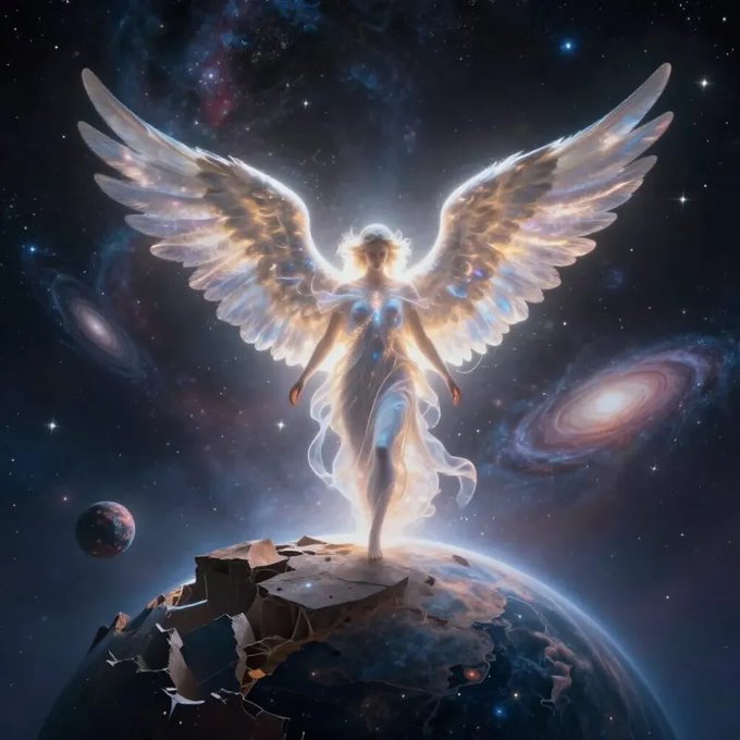A fantasy illustration of an angel with large wings standing on a floating rock with a cosmic background.