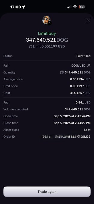 The image shows a mobile trading app screenshot confirming a fully filled limit buy order for 347,640.521 DOG at a limit price of 0.001197 USD, totaling 416.1257 USD, executed on September 5, 2026, between 2:43:44 PM and 2:44:27 PM, aligning with the post about dollar-cost averaging into $DOG using price action levels.