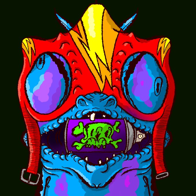 Vibrant cartoon illustration of a monstrous alien-like creature with red and blue skin, large purple bulbous eyes, and holding a glowing purple canister labeled with a green skull and crossbones.