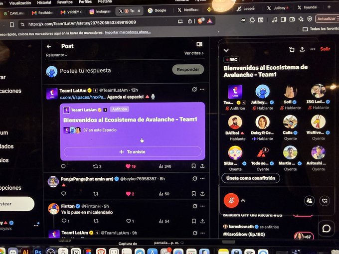 Photograph of a computer monitor showing Twitter/X in dark mode, with a 'Team LatAm' post inviting users to join 'Bienvenidos al Ecosistema de Avalanche - Team1' and a sidebar showing '¡Únete como cofundador!' with various user avatars.