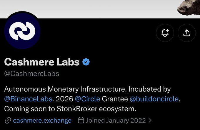 A Twitter/X profile header for 'Cashmere Labs' (@CashmereLabs) describes 'Autonomous Monetary Infrastructure. Incubated by @BinanceLabs. 2026 @Circle Grantee @buildoncircle.'