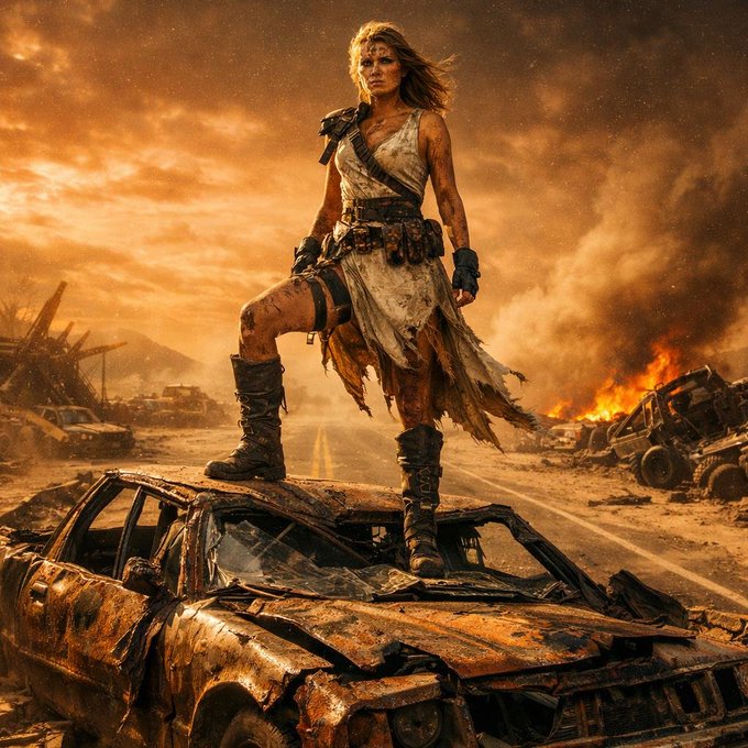 A fierce, dirt-streaked woman stands triumphantly atop a rusted, decimated car in a fiery post-apocalyptic wasteland, her battle-worn attire and fierce gaze embodying the essence of survival.

This imagery perfectly aligns with the post's "Goddess Of Survival" theme, visually representing the resilience and grit required to endure "seven thousand days" of hardship.
