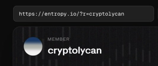 A dark webpage header shows the URL "https://entropy.io/?r=cryptolycan" above a member profile labeled "cryptolycan" with a circular avatar.