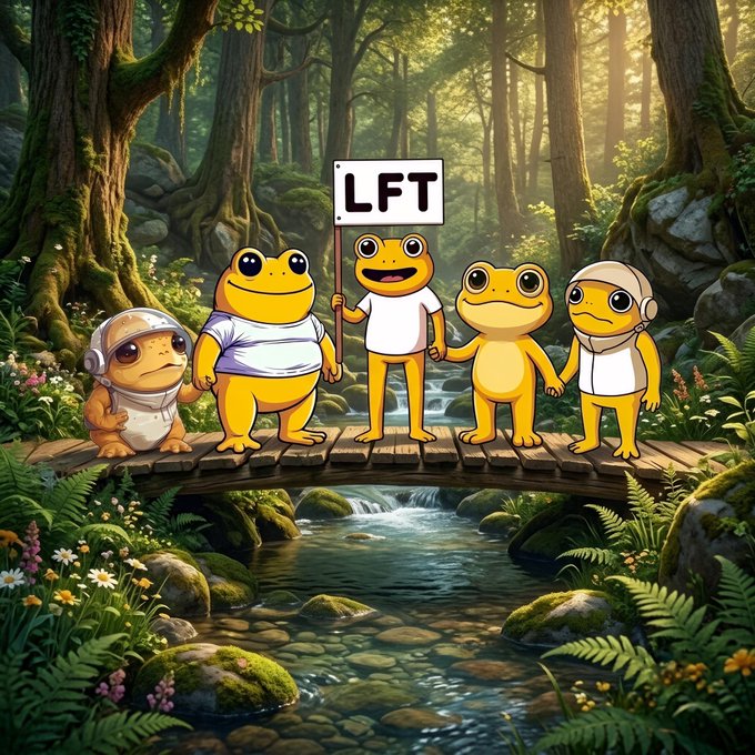 A group of five cartoon frogs stand together on a wooden bridge over a forest stream, with one holding a sign reading "LFT." The scene reflects the post's message of unity, with the frogs symbolizing the $TURBO community coming together—matching the caption's theme of diversity and shared purpose.