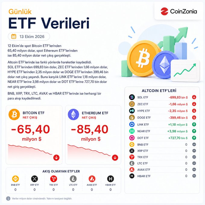 A CoinZonia infographic titled 'Günlük ETF Verileri' (Daily ETF Data) dated 13 Ekim 2026 shows net outflows, including -65.40 million dollars for Bitcoin ETF and -85.40 million dollars for Ethereum ETF.